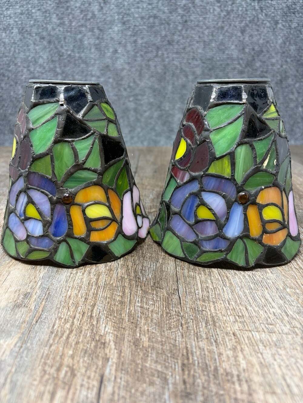 2 Tiffany Style Stained Glass Multicolored Bell Shaped Lamp Shades set 2 copper